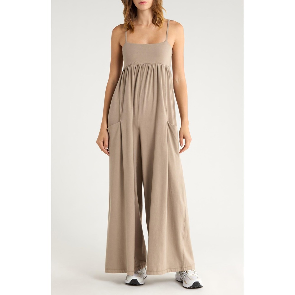 Free People Movement Hot Shot Jumpsuit Taupe Brown Wide Leg Pocket Size M